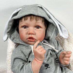 🆕22inch Soft Cloth Body Newborn Baby Poseable Limbs Boy with Bunny Jumpsuit